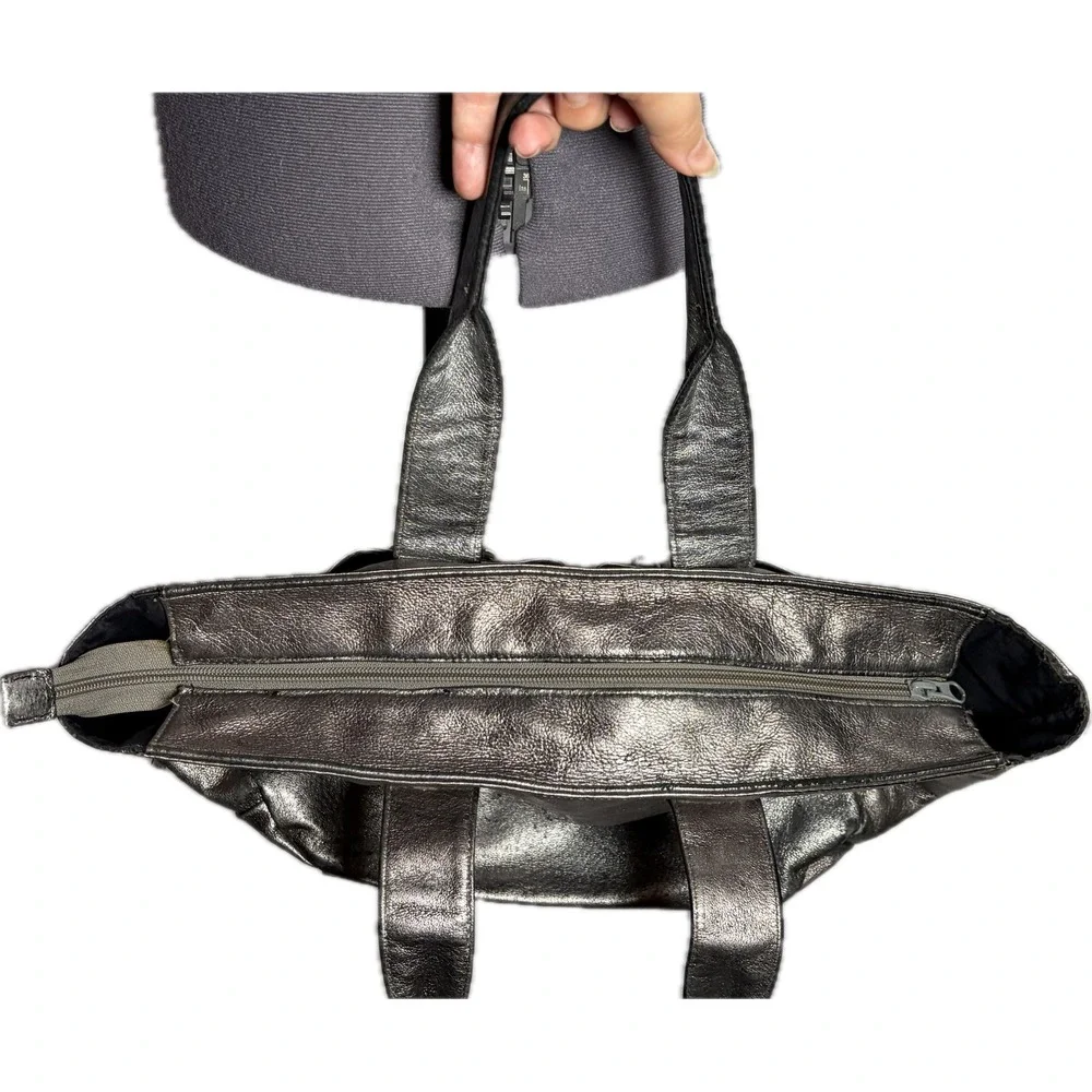 Vtg Y2K Shih Metallic Silver Leather Bag Cyberpunk Goth Punk Rock Grunge STAINED